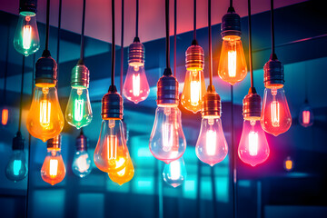 Bright  Hanging lights in neon colors background