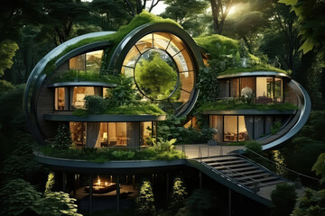 Energooszczędny ekologiczny dom otoczony roślinnością z dużymi oknami.