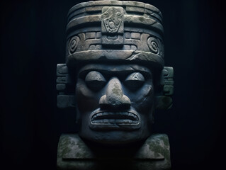 olmec stone head, gloomy, dark, scary, realistic style, jungle, Olmec civilization