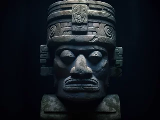 Foto op Canvas olmec stone head, gloomy, dark, scary, realistic style, jungle, Olmec civilization © Olena