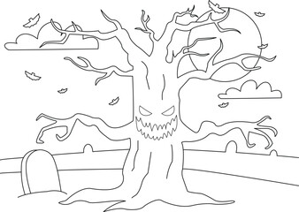 Halloween Haunted Tree Illustration. Coloring Page For Kids. Halloween Vector. Halloween Illustration. Haunted Tree Vector. Scary Tree Vector. 