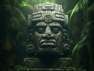 olmec stone head, gloomy, dark, scary, realistic style, jungle, Olmec civilization