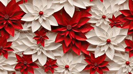 intricate paper quilling art featuring white snowflakes and vibrant white poinsettia flower. SEAMLESS PATTERN. SEAMLESS WALLPAPER.