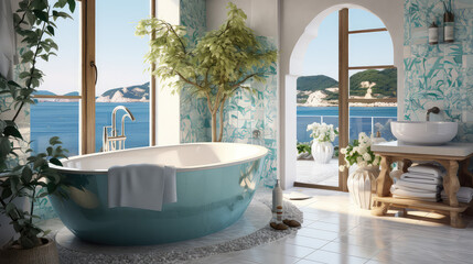 Nowoczesna łazienka z pastelowo niebieską wanną i roślinami doniczkowymi w minimalistycznej posiadłości nad oceanem. 