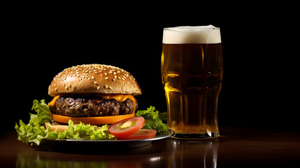 Tasty Burger and glass of beer isolated on black  background