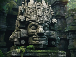 olmec stone head, gloomy, dark, scary, realistic style, jungle, Olmec civilization - obrazy, fototapety, plakaty