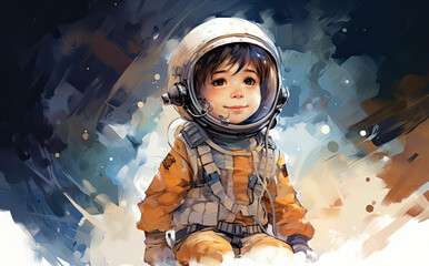 Wesołe dzieci w strojach astronautów bawią się w kosmosie.  - obrazy, fototapety, plakaty