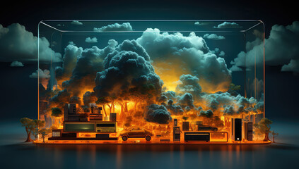 widok sztuki komputerowej plonacego budynku i ciemnych chmur, o ogniu i ciemnosci - obrazy, fototapety, plakaty