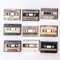 Fototapeta premium Collection of retro audio cassettes. Set of various colorful music cassettes. Isolated on white background.