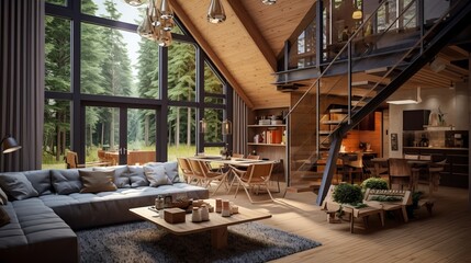 The interior of this country house is cozy and features wooden design. It has a spacious living room with a kitchen area and large windows. There is also a bedroom on the second floor.
