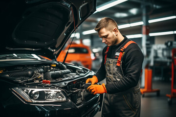 Attractive confident male auto mechanic working in Car Service