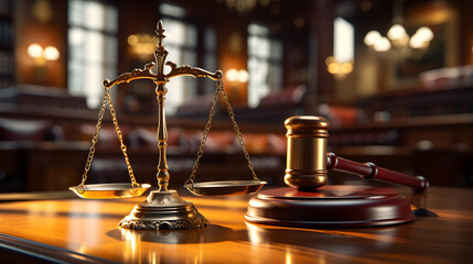 Legal verdict, Gavel and scales of justice on lawyer's desk in court hall, symbolizing law and justice under the afternoon light - obrazy, fototapety, plakaty