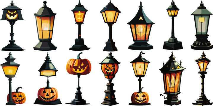 Conjunto de farolas para la noche de Halloween con fondo transparente 01