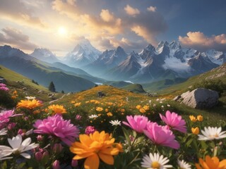 Fototapeta premium meadow with flowers and mountains