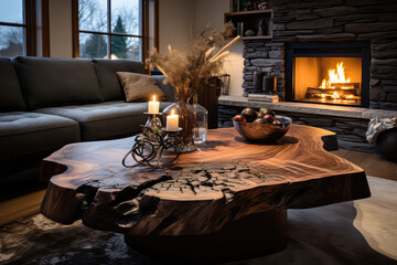 Obraz przedstawiający ładny gruby stół drewniany w salonie klimatycznym przy swiecach - obrazy, fototapety, plakaty