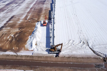 Aerial drone view of Salt production in the evaporators of sea salt in nature reserve Marismas del...