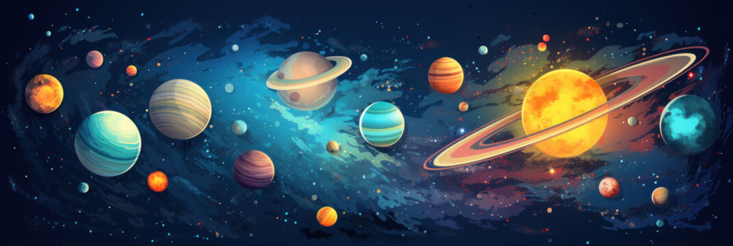 Fantasy universe with planets and constellations, pleiades of stars and galaxies, science fiction and astronomy concept, banner illustration © serz72