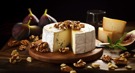 Fototapeta na wymiar Camembert cheese with figs, walnuts on wooden cutting board. Selective focus. Close-up. Generative AI