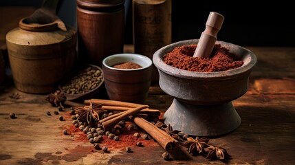 To grind spices like Chaga birch mushrooms, you can use a vintage copper mortar and an antique pestle.
