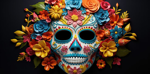 Meksykańska czaszka pokryta kwiatami i kolorowymi ornamentami. Sugar skull.  - obrazy, fototapety, plakaty