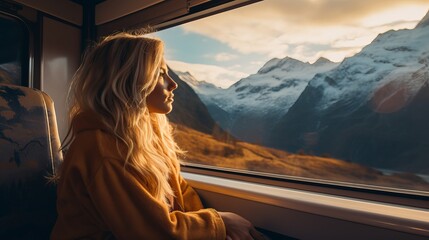 Viewing the autumn mountains from a train window, a female travel blogger and inspired adventurer is captured in a cinematic and symmetrical shot.