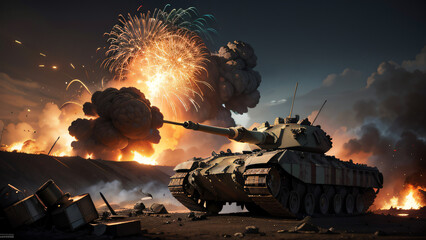 Panzer im Krieg mit Explosionen im Hintergrund Konflikt Militär Kampf