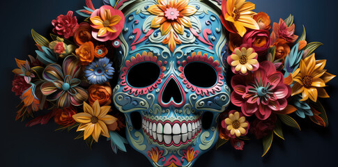 Meksykańska czaszka pokryta kwiatami i kolorowymi ornamentami. Sugar skull.  - obrazy, fototapety, plakaty