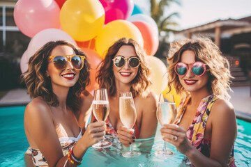 Bride with bridesmaids having fun and celebrating bachelorette party in pool - obrazy, fototapety, plakaty