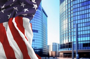 Naklejka premium Patriot Day concept, USA flag and city view, AI generated image