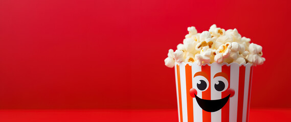 cartoon cinema popcorn character with face and hands on yellow background , smiling tasty popcorn...