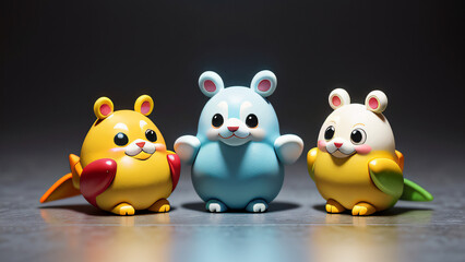 Lustige bunte fiktive Spielfiguren f&uuml;r Kinder freigestellt einfarbiger Hintergrund Spa&szlig; und Fantasie Spielwaren 