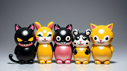 Lustige bunte fiktive Spielfiguren für Kinder freigestellt einfarbiger Hintergrund Spaß und Fantasie Spielwaren 