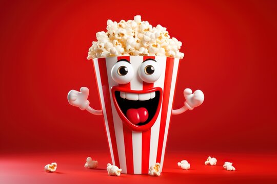 cartoon cinema popcorn character with face and hands on yellow background , smiling tasty popcorn red striped carton bucket box