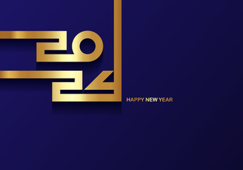 golden 2024 Happy New Year card with premium foil gradient texture lines, dark background. Festive luxury design for holiday card, invitation, calendar poster. 2024 New Year gold text on blue