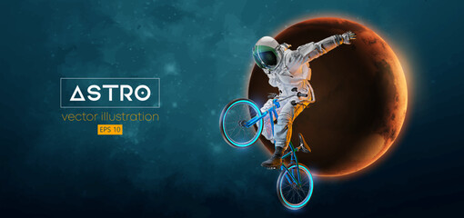 Abstract silhouette of a bmx rider, astronaut is riding on sport bicycle in space action and Earth, Mars, planets on the background of the space. Cycling sport transport. Vector illustration