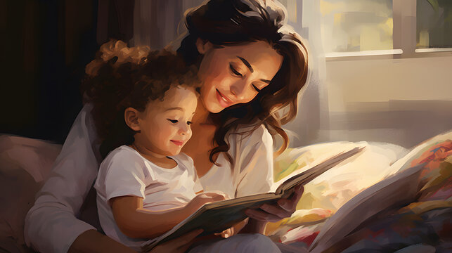 mother reading a story to her daughter in bed