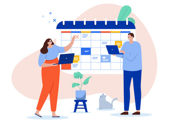 People calendar planning - Project manager and colleague making plan for business project schedule and progress over time. Flat design cartoon vector illustration with white background