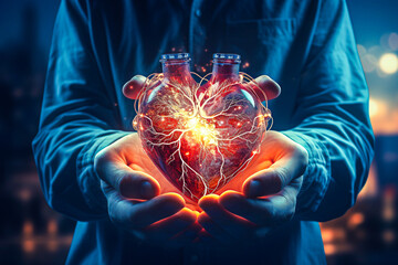 Personne tenant un coeur vivant lumineux dans ses mains, concept du don d'organe - obrazy, fototapety, plakaty