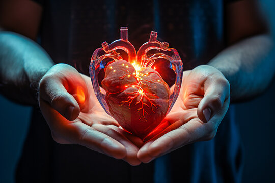 Personne tenant un coeur vivant lumineux dans ses mains, concept du don d'organe