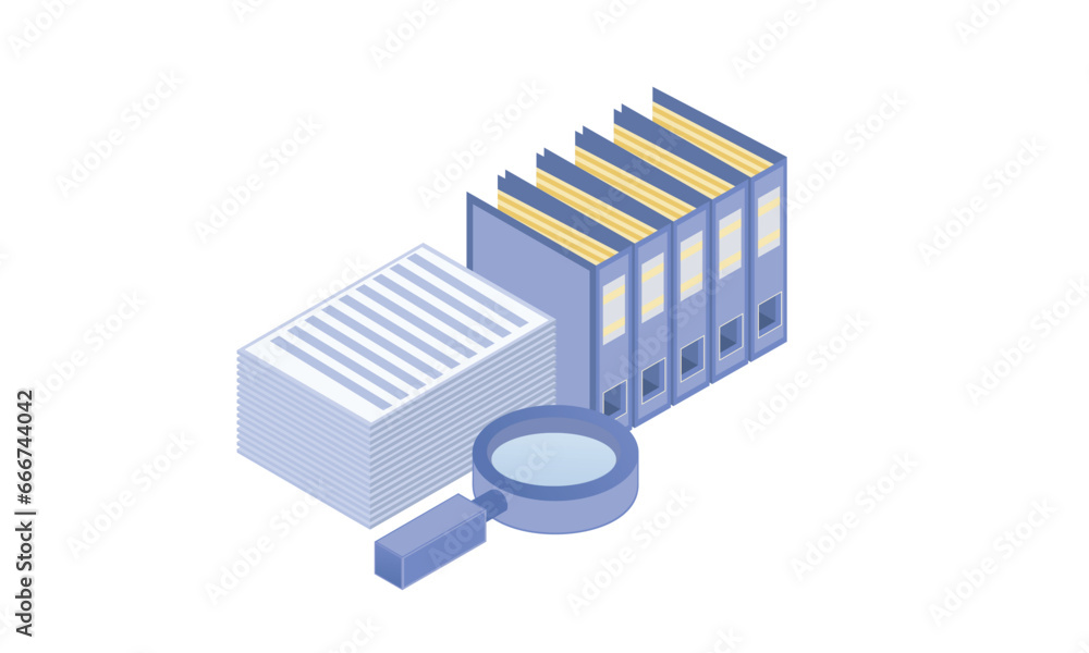 Poster business concept, a stack of working papers and folders with documentation and a magnifying glass li
