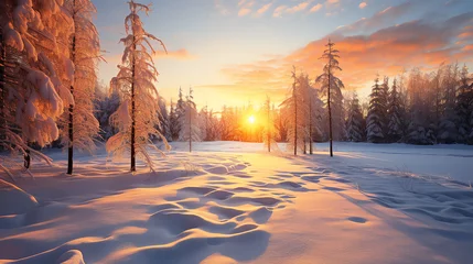 Foto op Plexiglas Beautiful sunset in the winter snow landscape background © Pemika