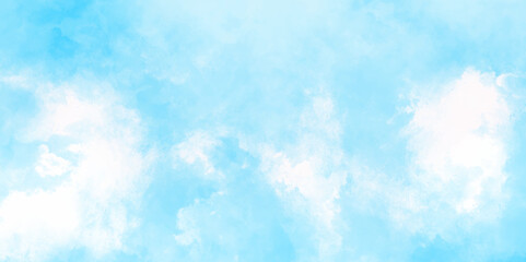 Hand painted abstract Panorama of blue sky with a light background with white clouds light sky blue shades watercolor art Romantic sky. Abstract nature background of romantic summer blue.