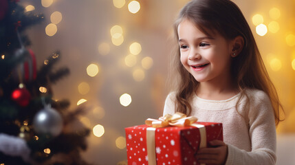 christmas magic - child and christmas gifts, the girl beaming happily, with festive bokeh of an illuminated Christmas tree in the background
