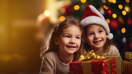 Fototapeta na wymiar christmas magic - childs and christmas gifts, the girl sbeaming happily, with festive bokeh of an illuminated Christmas tree in the background