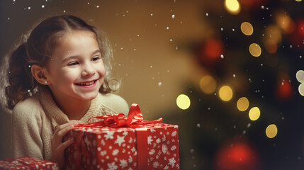 Fototapeta na wymiar christmas magic - child and christmas gifts, the girl beaming happily, with festive bokeh of an illuminated Christmas tree in the background
