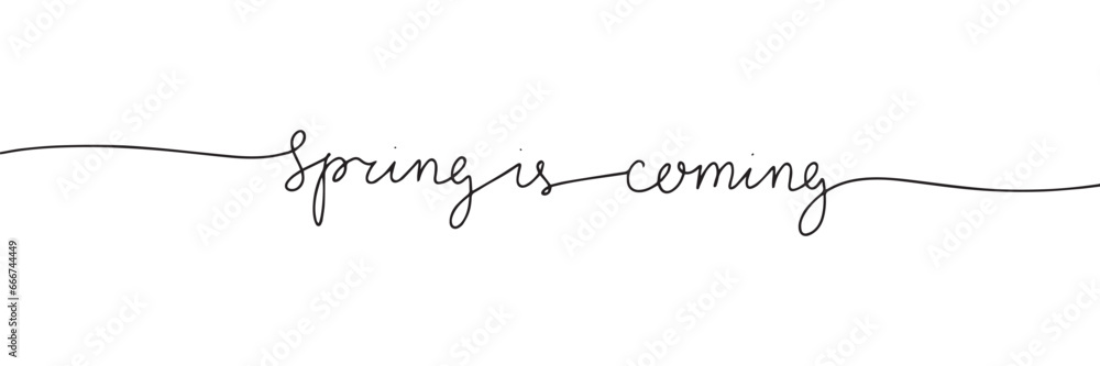 Aufkleber spring is coming one line continuous text banner. handwriting spring text banner. short phrase about