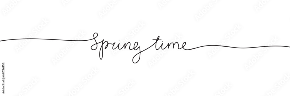 Poster spring time one line continuous text banner. handwriting spring text banner. short phrase about spri