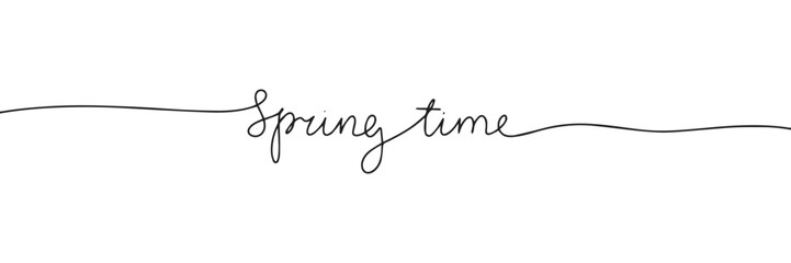 Spring time one line continuous text banner. Handwriting spring text banner. Short phrase about spring. Vector illustration. - obrazy, fototapety, plakaty