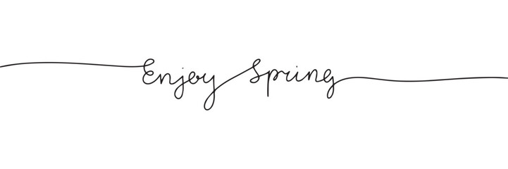 Fototapeta na wymiar Enjoy Spring one line continuous text banner. Handwriting spring text banner. Short phrase about spring. Vector illustration.