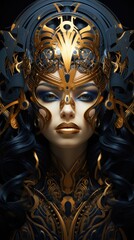 A woman wearing a gold and black mask. Art deco imaginary poster.